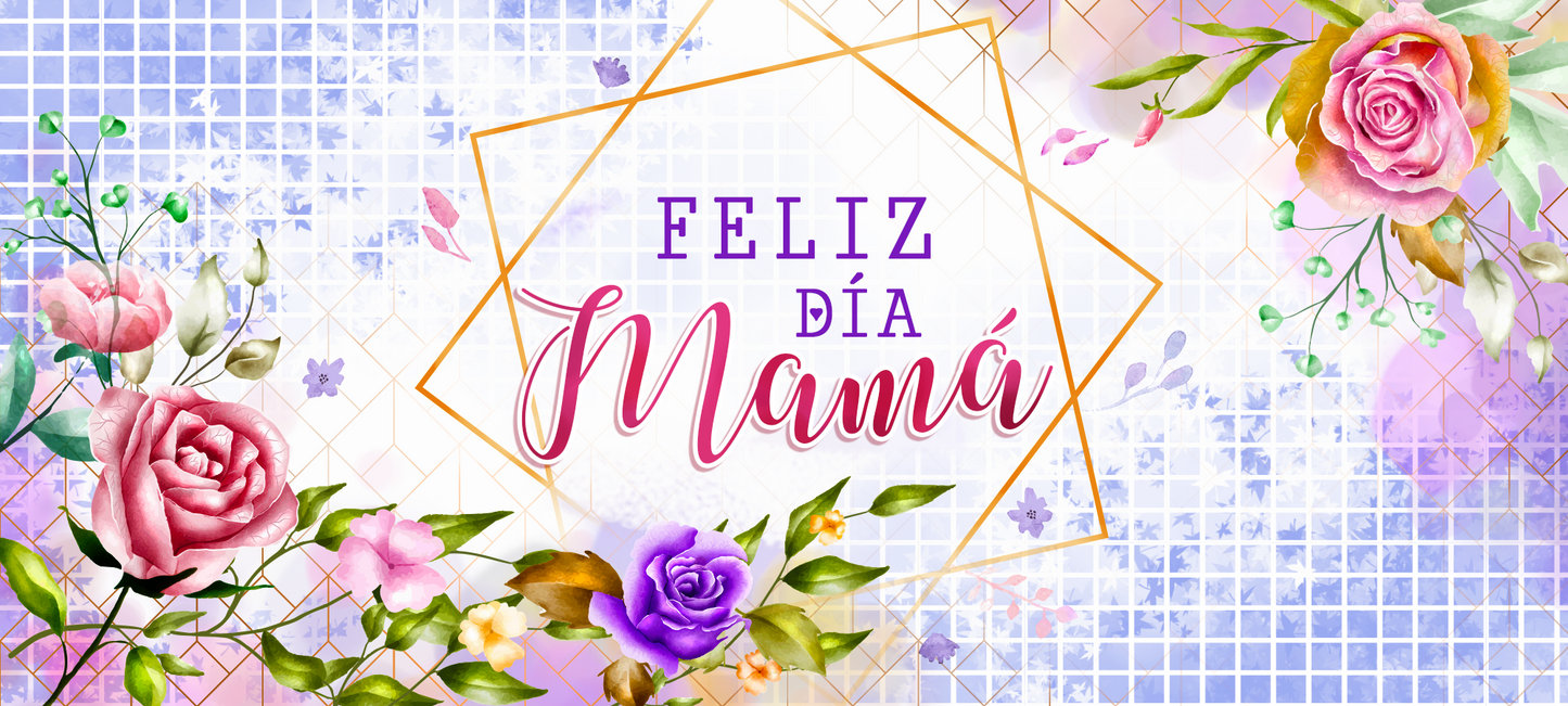 Diseño completo Feliz Día Mamá con flores rosas y lilas