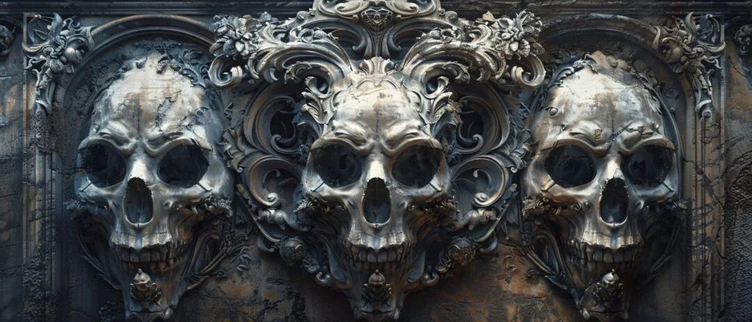 Diseño completo calaveras barrocas con ornamentos metálicos