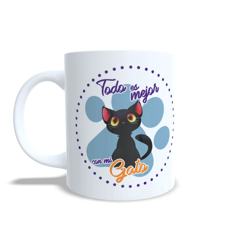 Taza de Gato Negro "Todo es Mejor con mi Gato" - Regalo Único