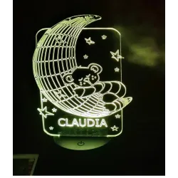 Lámpara 3D Oso en Luna Personalizada con Nombre | Luz Noche Infantil