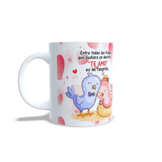 Taza Te Amo Feliz San Valentín vista frontal con pajaritos enamorados