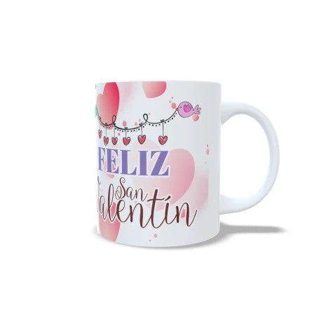 Taza Feliz San Valentín vista lateral con texto y pájaro azul