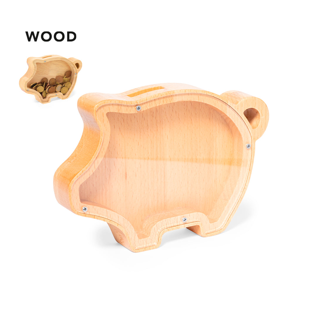 Hucha cerdito de madera personalizable con grabado láser vista completa