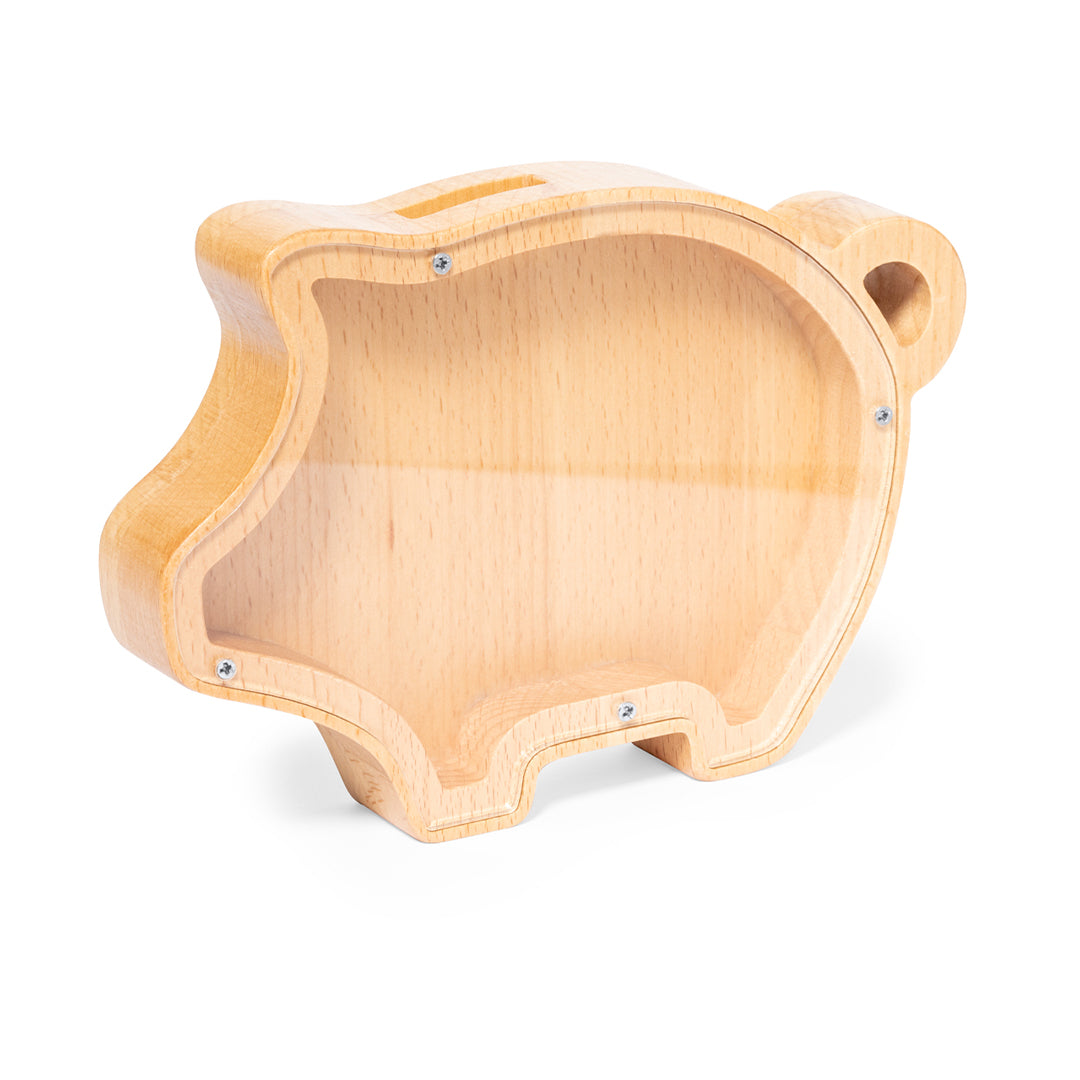 Hucha cerdito de madera vista lateral con ranura para monedas