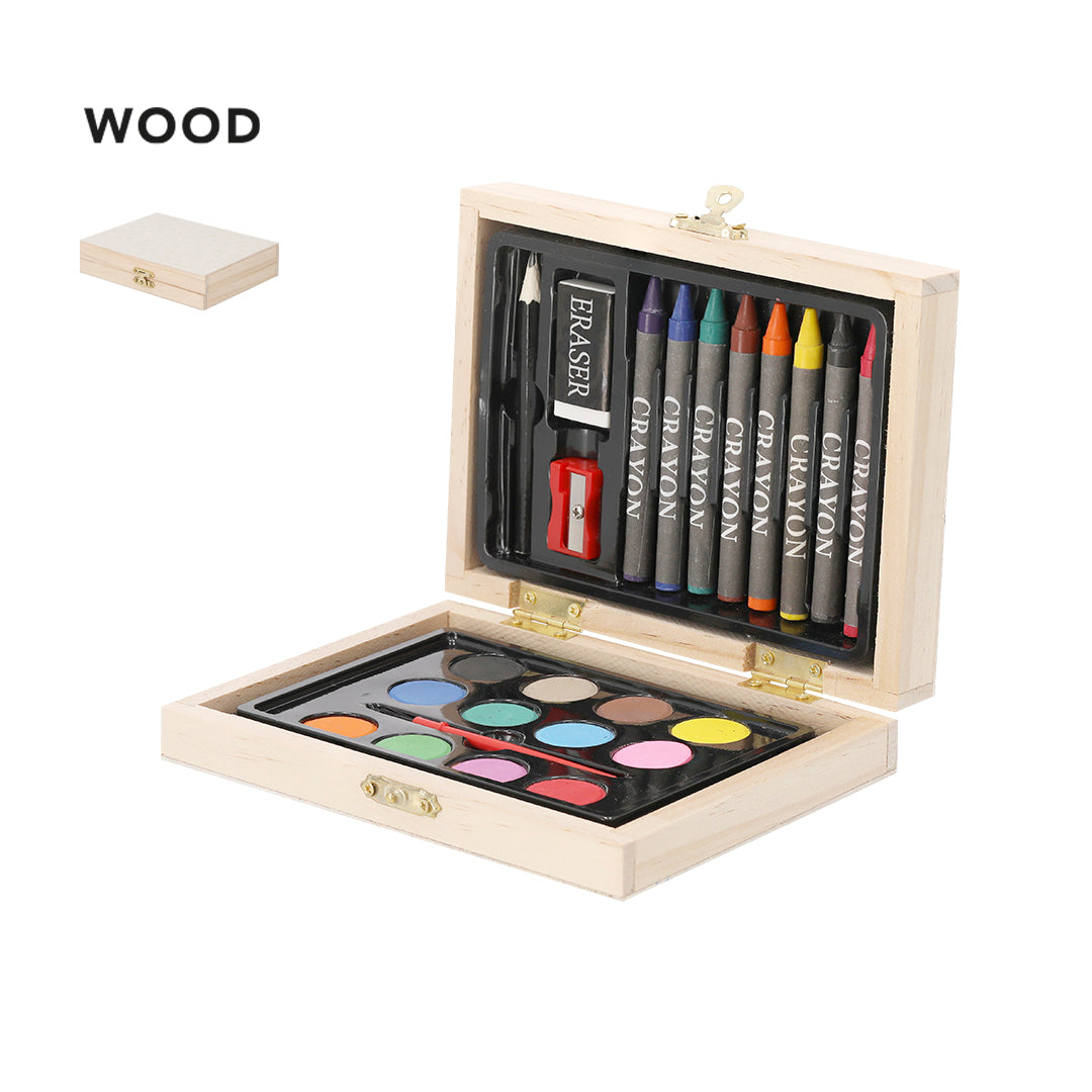 Set de pintura infantil en caja de madera personalizable con grabado láser vista completa
