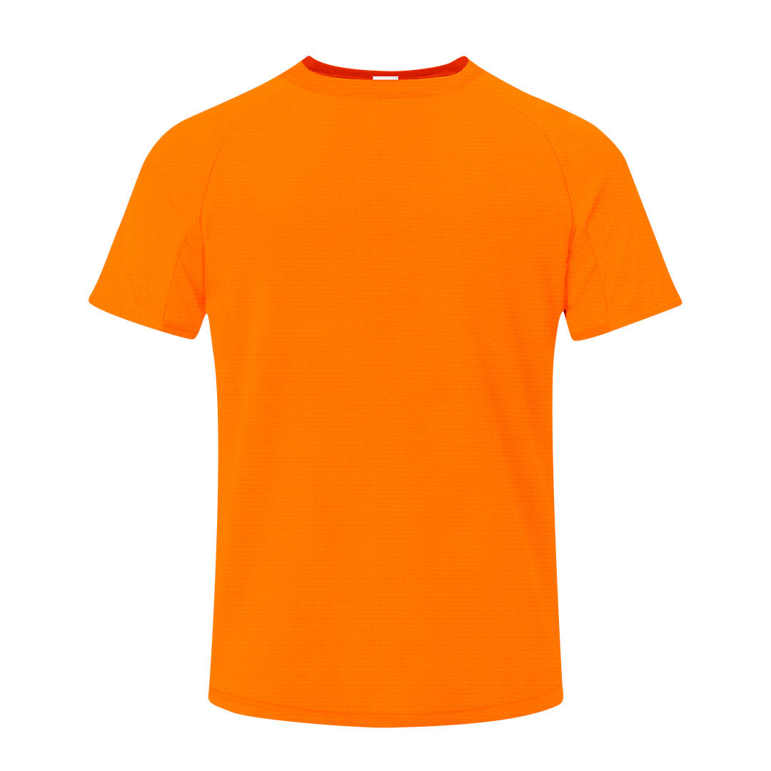 Camiseta adulto naranja flúor 100% poliéster transpirable 135g/m² vista frontal