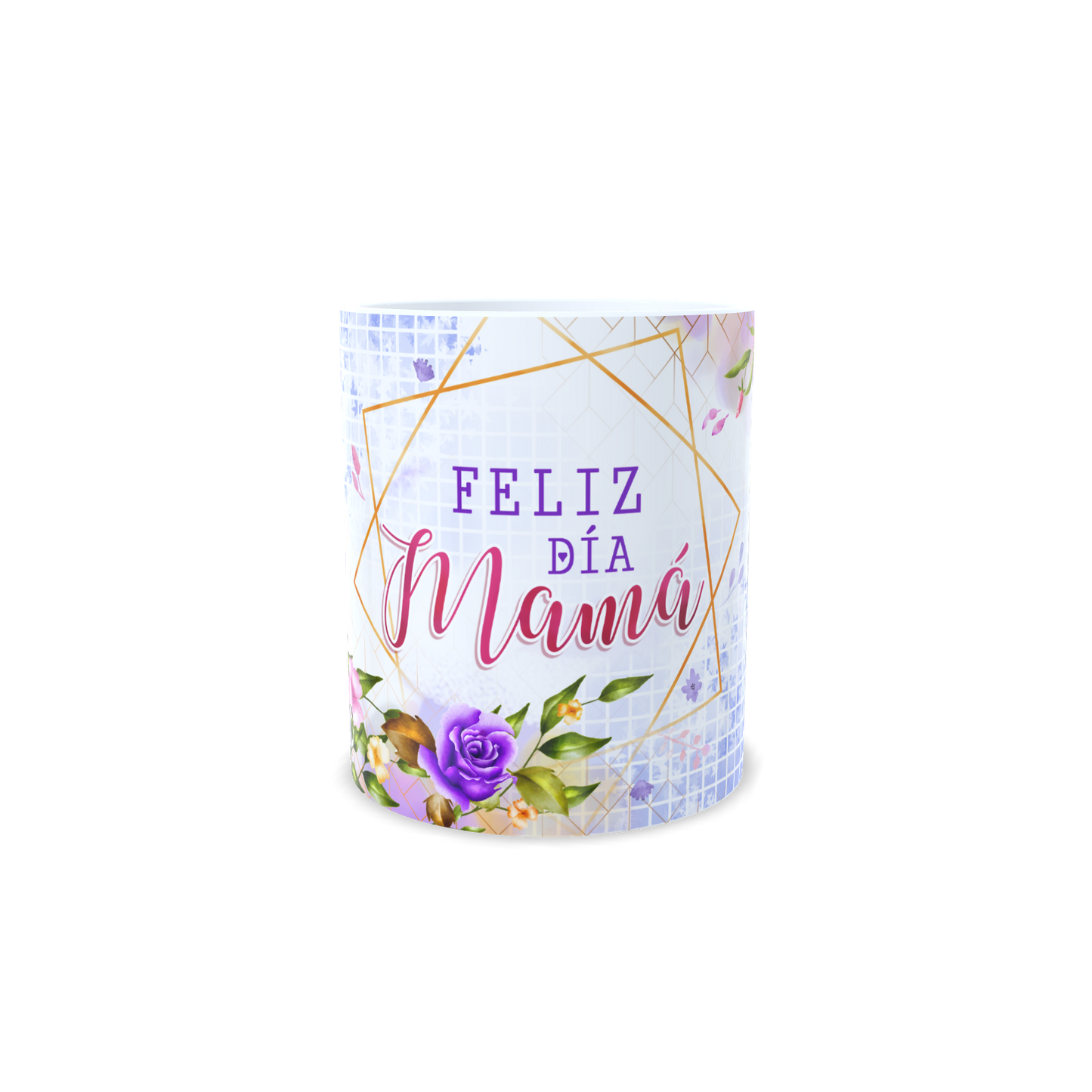 Taza personalizada Feliz Día Mamá vista frontal con diseño floral lila y dorado