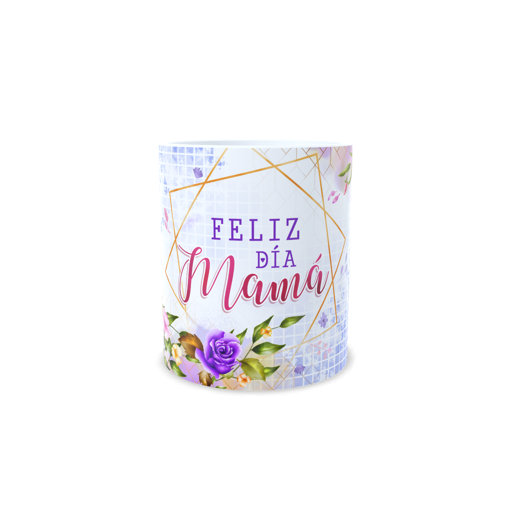 Taza personalizada Feliz Día Mamá vista frontal con diseño floral lila y dorado