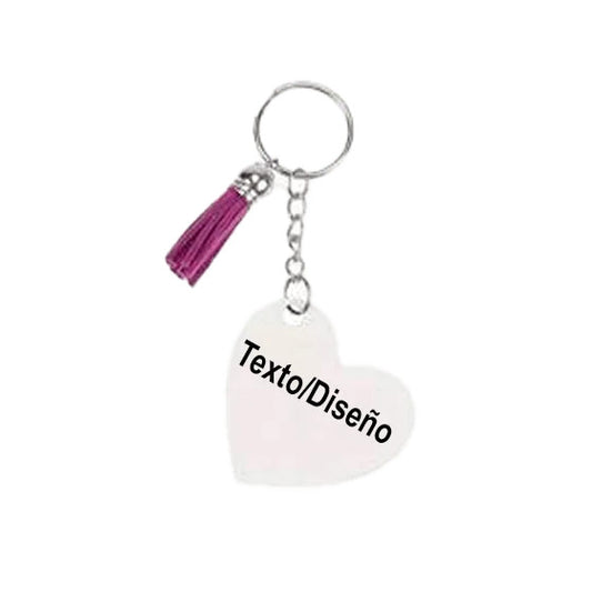 Llavero corazón de metacrilato con borla fucsia - vista frontal
