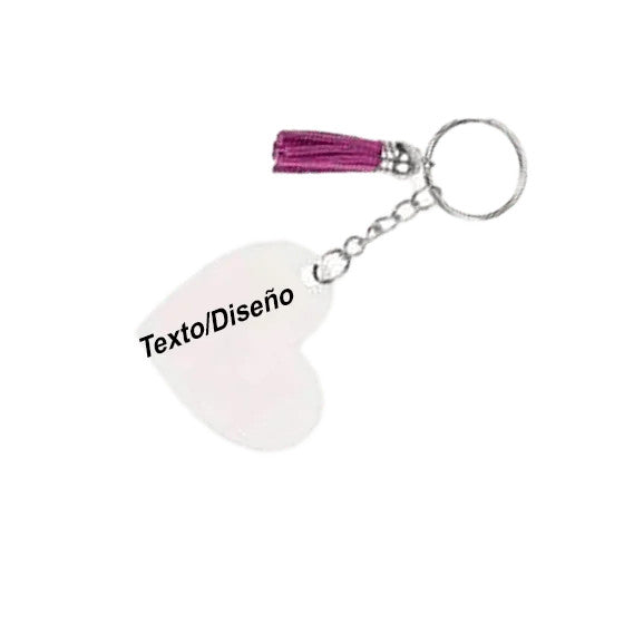 Llavero corazón de metacrilato con borla fucsia - vista lateral