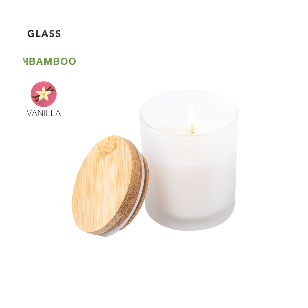 Vela nature aroma vainilla en vaso de cristal con tapón de bambú cerrado