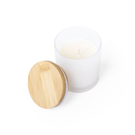 Vela nature aroma vainilla en vaso de cristal con tapón de bambú abierto