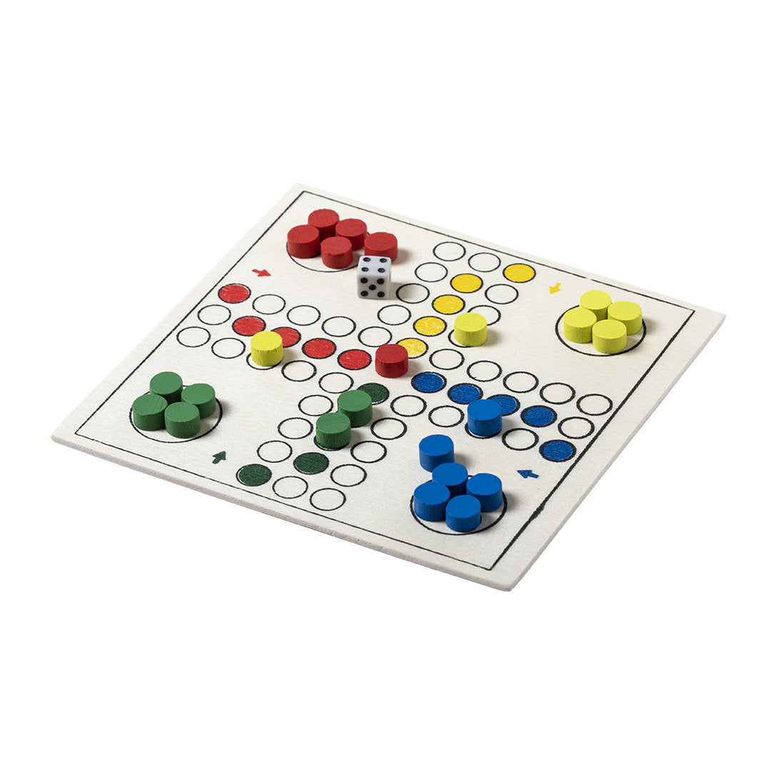 Tablero de Parqués de madera con fichas de colores y dado