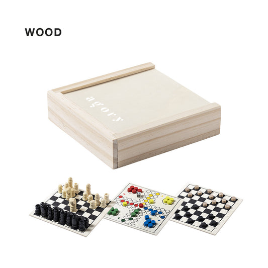 Caja de madera cerrada con grabado personalizable para set de juegos