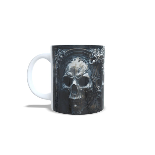Taza calaveras barrocas dark art vista frontal con asa izquierda
