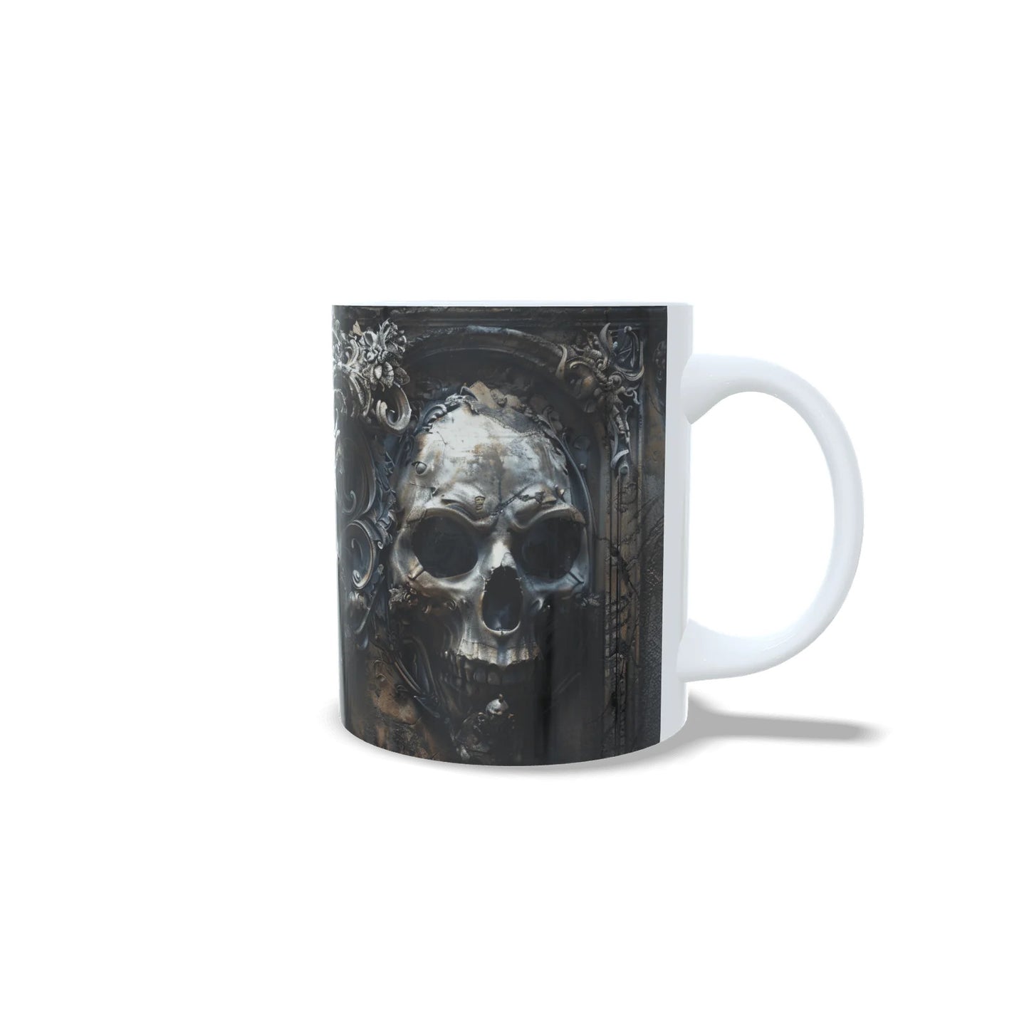 Taza calaveras barrocas dark art vista frontal con asa derecha