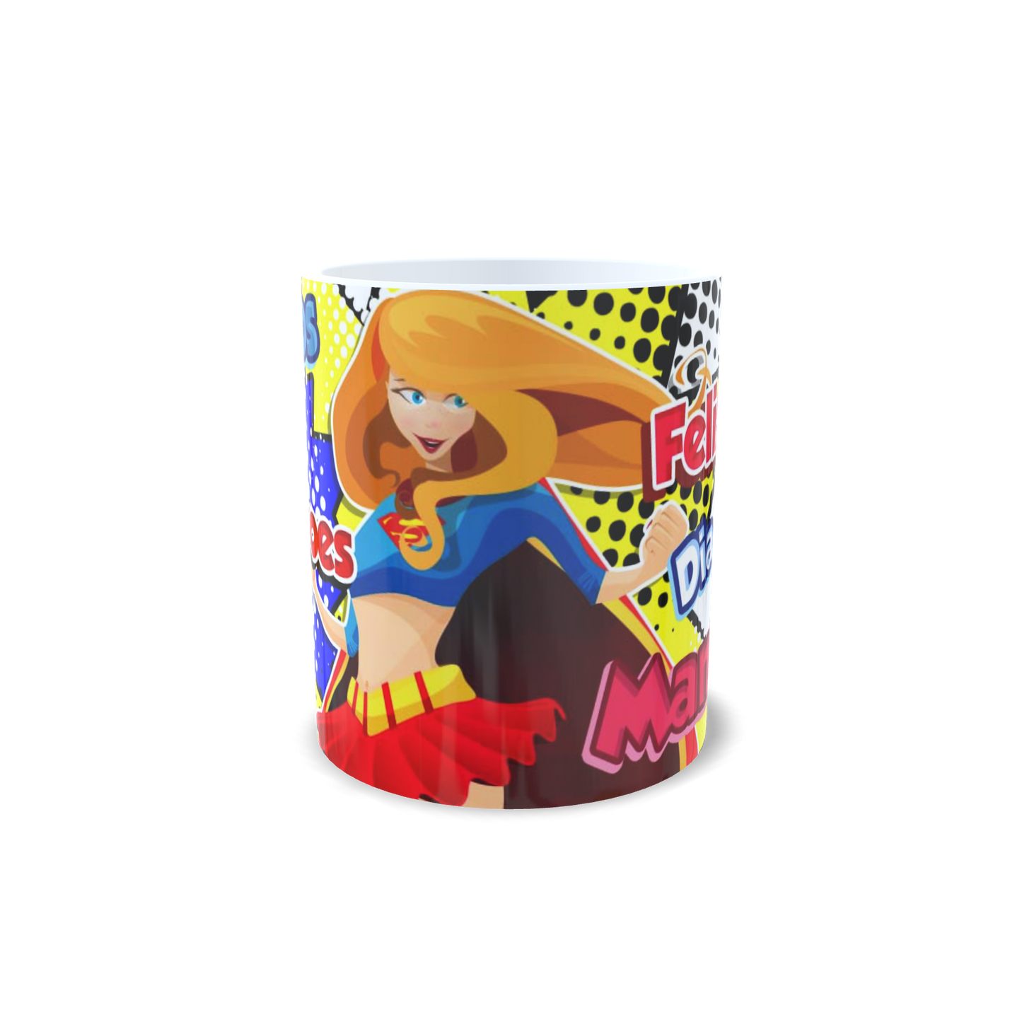 Taza superhéroe Feliz Día Mamá vista frontal estilo cómic