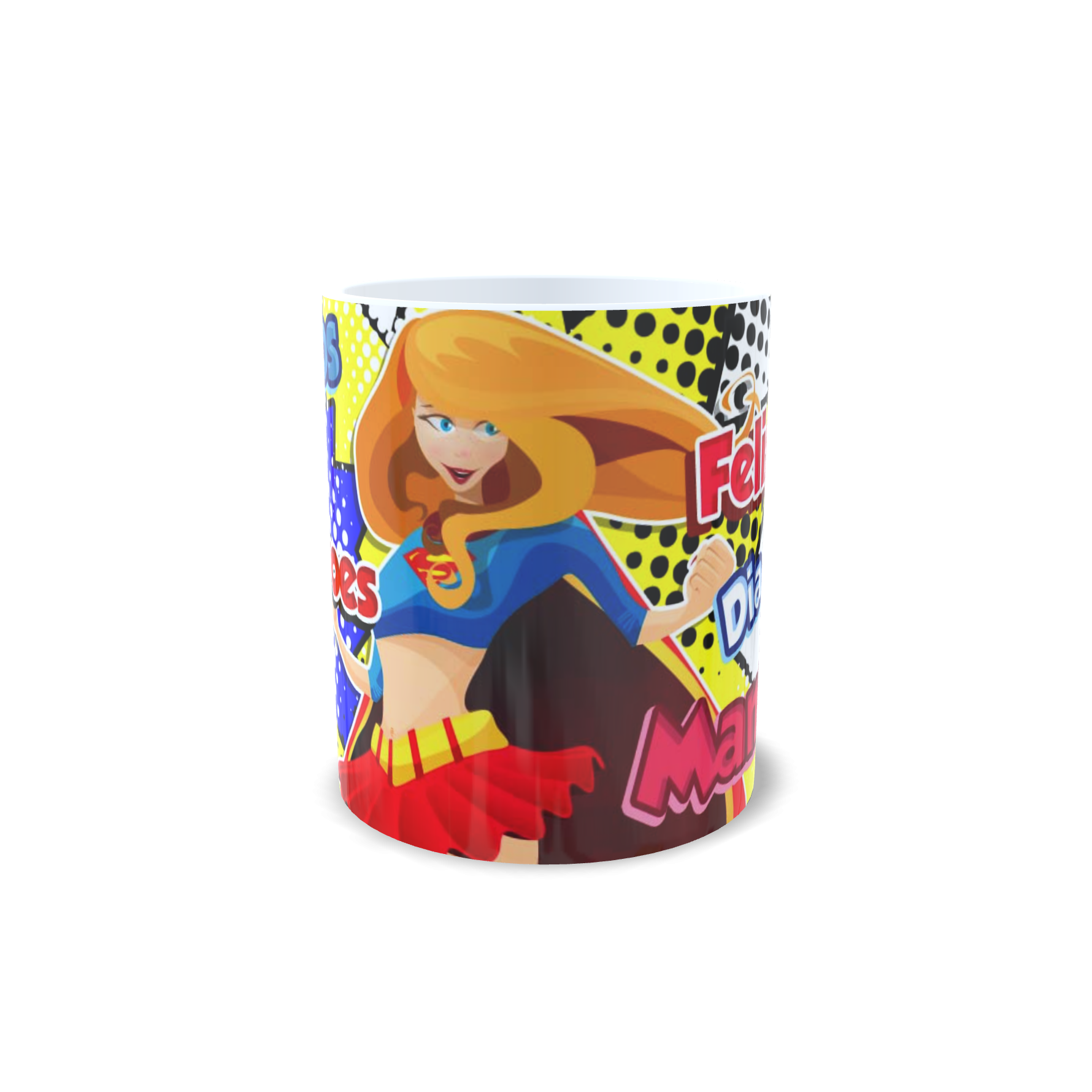 Taza superhéroe Feliz Día Mamá vista frontal estilo cómic