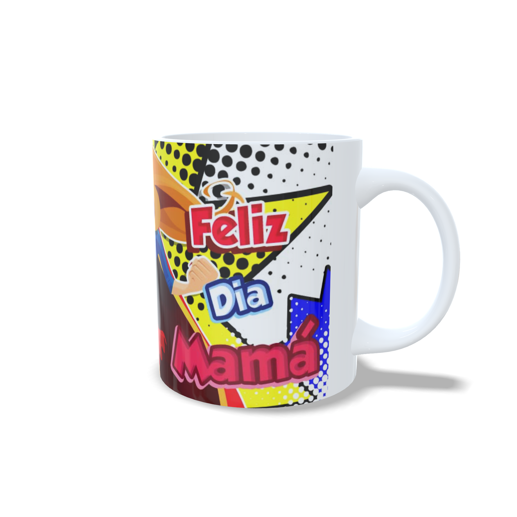 Taza superhéroe Feliz Día Mamá vista lateral con asa