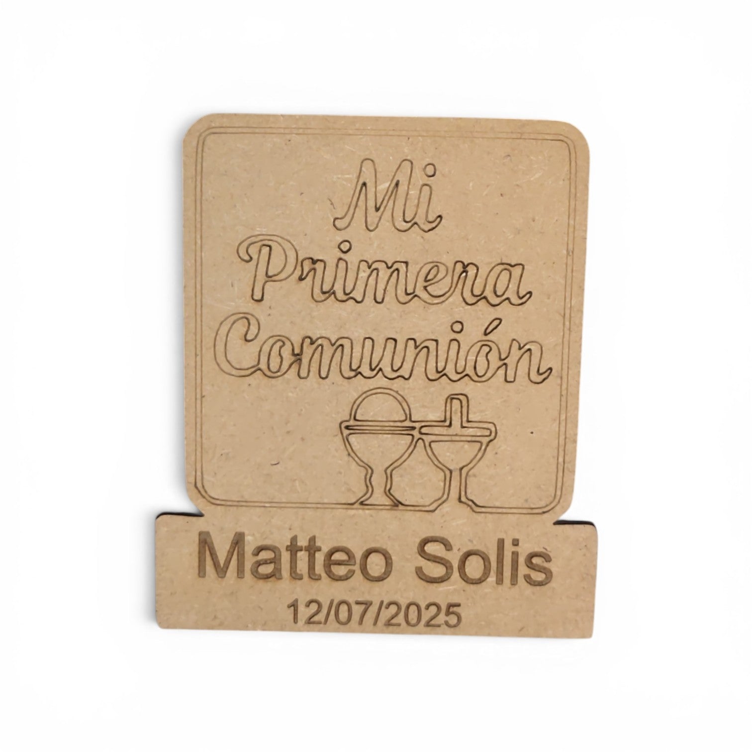 Marcasitios Primera Comunión personalizado madera MDF placa cuadrada con texto Mi Primera Comunión, cáliz y cruz grabados con láser