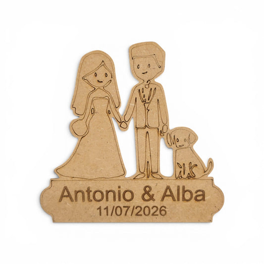 Marcasitios boda personalizado madera MDF con ilustración de novios de la mano con perro
