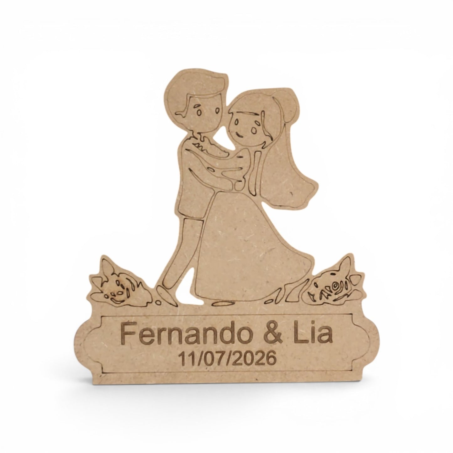 Marcasitios boda personalizado madera MDF con ilustración de novios bailando y gatos a los pies