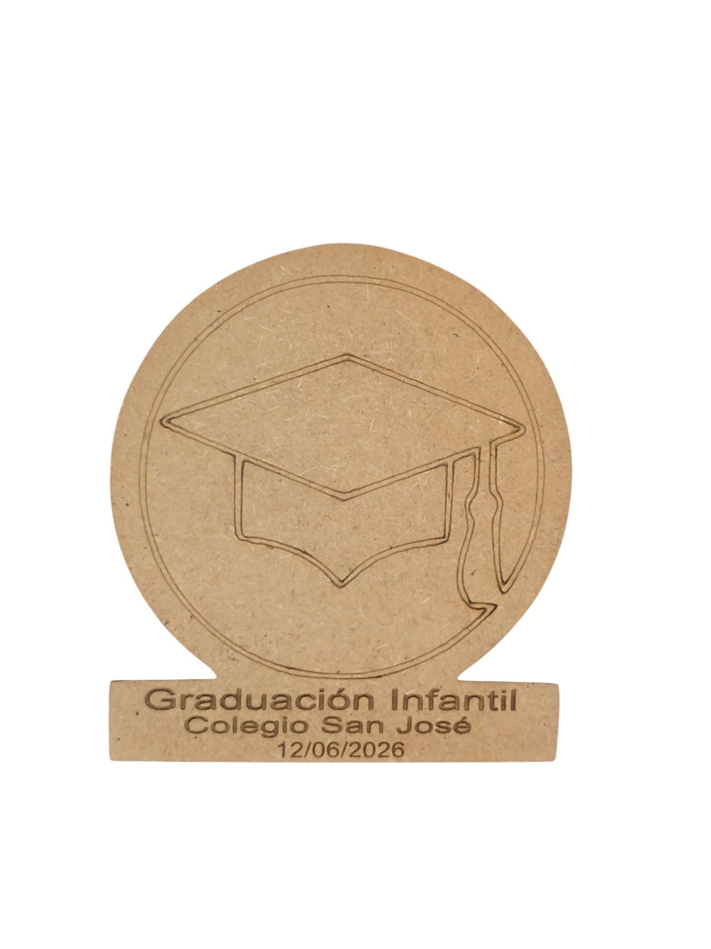 Marcasitios graduación personalizado madera MDF con birrete grabado en marco circular