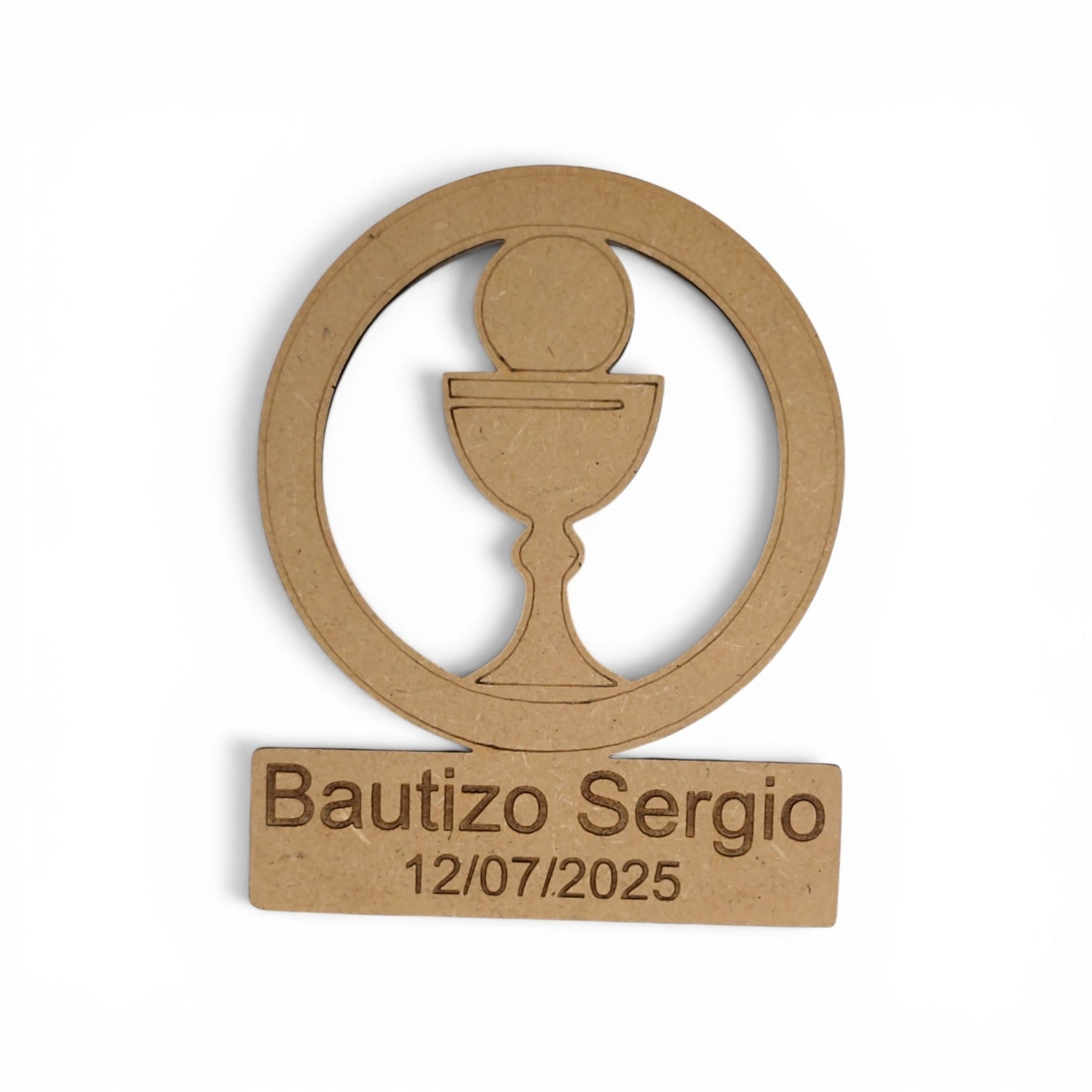Marcasitios bautizo personalizado madera MDF con cáliz y hostia en marco circular grabado con láser